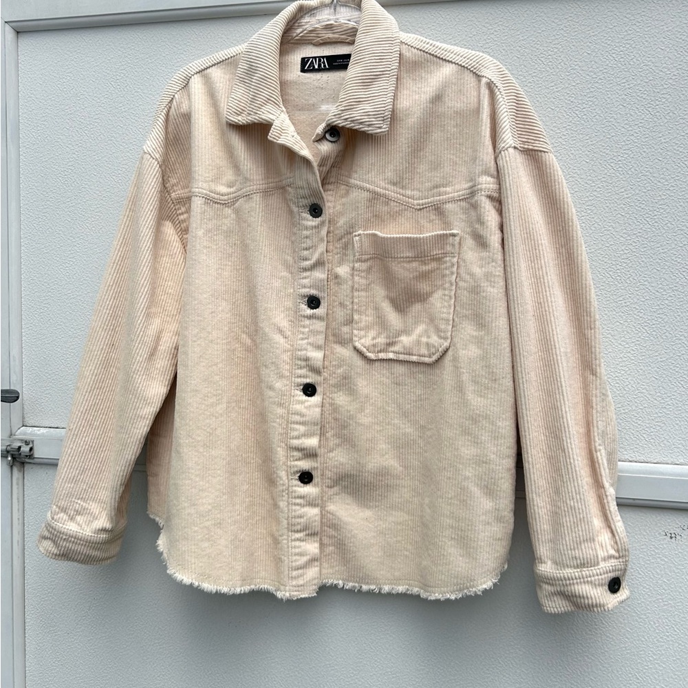 Zara Corduroy Shacket Cream Ivory Raw Hem Shirt Jacket Women M Casual Layer - Picture 4 of 14